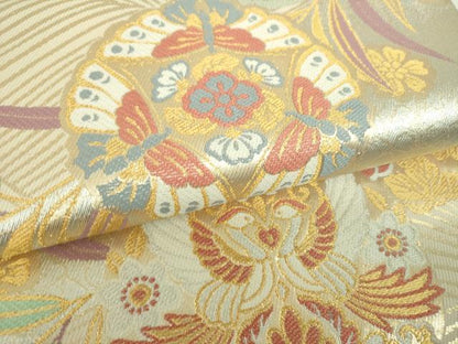 平和屋着物▼六通柄袋帯　舞蝶文　向かい鳥花文　金銀糸　正絹　逸品　DABH9783ps