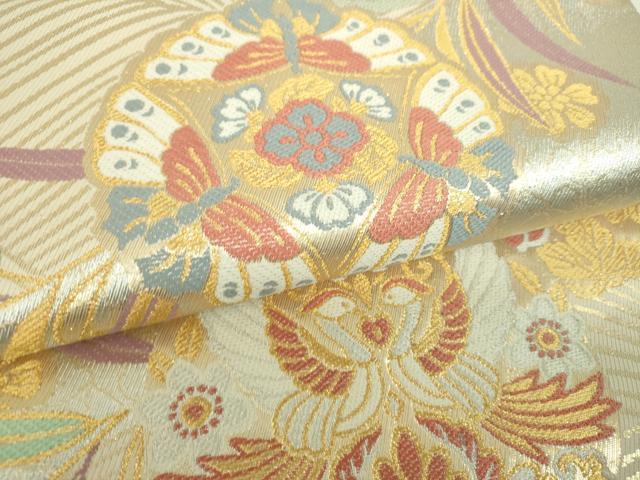 平和屋着物▼六通柄袋帯　舞蝶文　向かい鳥花文　金銀糸　正絹　逸品　DABH9783ps