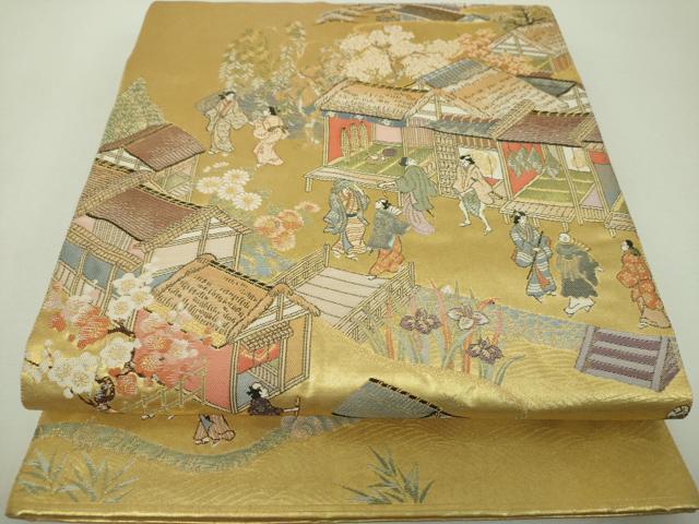 平和屋着物▼太鼓柄袋帯　江戸風俗文　金糸　引箔　正絹　逸品　DABH9785ps