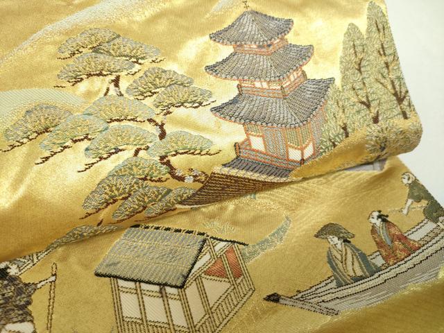 平和屋着物▼太鼓柄袋帯　江戸風俗文　金糸　引箔　正絹　逸品　DABH9785ps