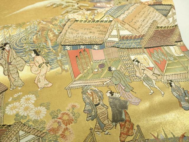 平和屋着物▼太鼓柄袋帯　江戸風俗文　金糸　引箔　正絹　逸品　DABH9785ps