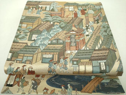 平和屋着物▼全通柄袋帯　作家物　金襴綴　古都洛中洛外　金糸　正絹　逸品　DABH9786ps