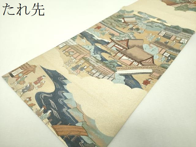 平和屋着物▼全通柄袋帯　作家物　金襴綴　古都洛中洛外　金糸　正絹　逸品　DABH9786ps