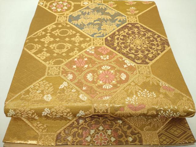 平和屋着物▼六通柄袋帯　蜀江花文　金糸　正絹　逸品　DABH9788ps