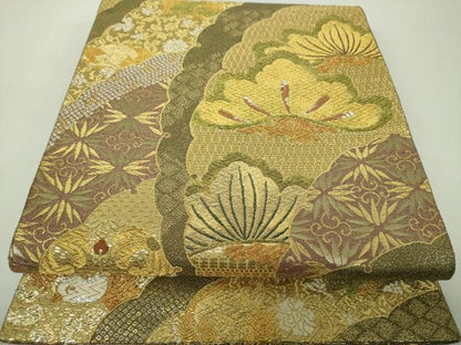 平和屋着物▼六通柄袋帯　唐獅子に牡丹　雪輪吉祥花鳥文　金糸　正絹　逸品　DABH9797ps