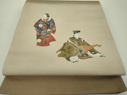 平和屋着物▼太鼓柄袋帯　手描き　能　金彩　銀通し地　正絹　逸品　DABH9800ps