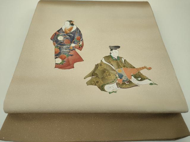 平和屋着物▼太鼓柄袋帯　手描き　能　金彩　銀通し地　正絹　逸品　DABH9800ps