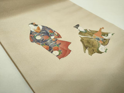 平和屋着物▼太鼓柄袋帯　手描き　能　金彩　銀通し地　正絹　逸品　DABH9800ps