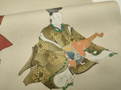 平和屋着物▼太鼓柄袋帯　手描き　能　金彩　銀通し地　正絹　逸品　DABH9800ps