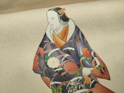 平和屋着物▼太鼓柄袋帯　手描き　能　金彩　銀通し地　正絹　逸品　DABH9800ps