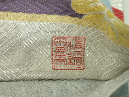 平和屋着物▼西陣　京洛苑たはら謹製　六通柄袋帯　唐織　立波に桜　金銀糸　正絹　逸品　DABH9801ps