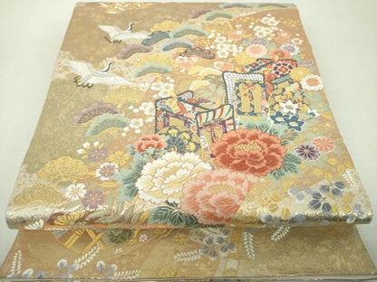 平和屋着物▼六通柄袋帯　唐織　遠山瑞祥御車文　金銀糸　正絹　逸品　DABH9804ps