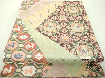 平和屋着物▼六通柄袋帯　紹巴　裂取正倉院　金糸　正絹　逸品　DABH9805ps