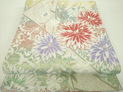 平和屋着物▼六通柄袋帯　草花文　金銀糸　正絹　逸品　DABH9817ps