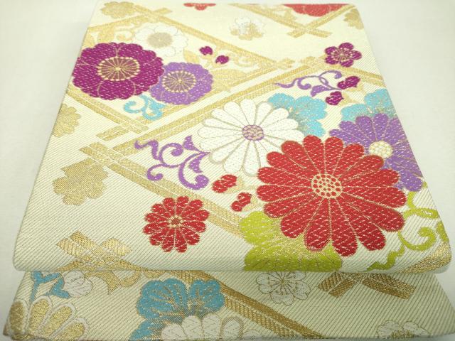 平和屋着物▼六通柄袋帯　吉祥花菱文　金糸　正絹　逸品　DABH9821ps