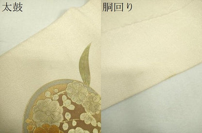 平和屋着物▼太鼓柄袋帯　御所車舞蝶花文　金銀彩　金通し地　正絹　逸品　DABH9824ps