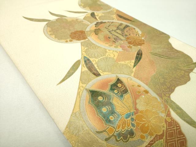 平和屋着物▼太鼓柄袋帯　御所車舞蝶花文　金銀彩　金通し地　正絹　逸品　DABH9824ps