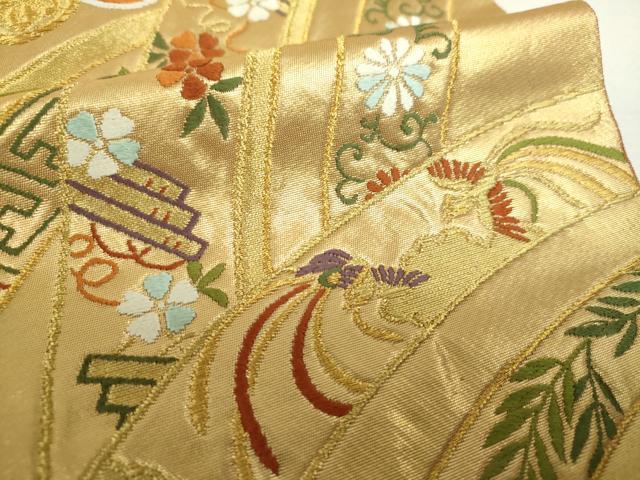 平和屋着物▼六通柄袋帯　唐織　吉祥鳳凰花文　金糸　鈴乃屋扱い　正絹　逸品　DABH9828ps