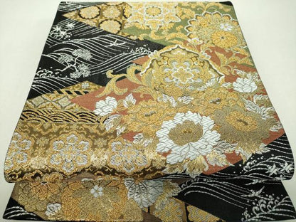 平和屋着物▼六通柄袋帯　松皮菱花文　黒地　金銀糸　正絹　逸品　DABH9830ps