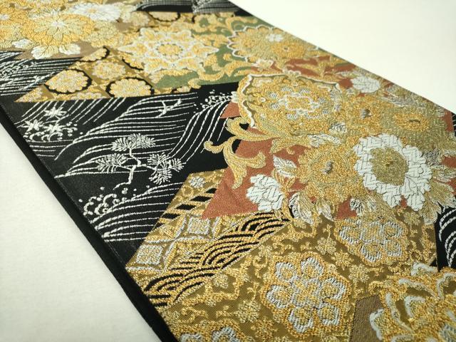 平和屋着物▼六通柄袋帯　松皮菱花文　黒地　金銀糸　正絹　逸品　DABH9830ps