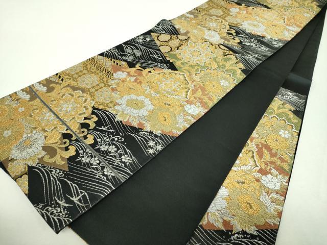 平和屋着物▼六通柄袋帯　松皮菱花文　黒地　金銀糸　正絹　逸品　DABH9830ps