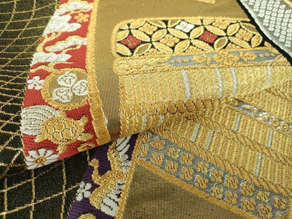 平和屋着物▼六通柄袋帯　鎧脅し　鶴亀花文　黒地　金銀糸　正絹　逸品　DABH9831ps