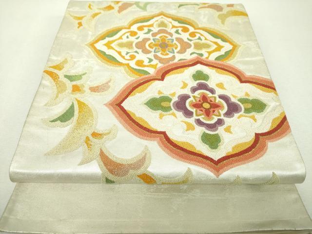 平和屋着物▼中国三大刺繍 総相良刺繍 総刺繍 太鼓柄袋帯 花菱文 金銀糸 正絹 逸品 DABH9837ps