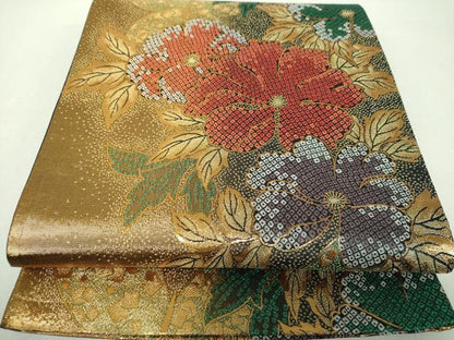 平和屋着物▼六通柄袋帯　草花文　金糸　正絹　逸品　DABH9848ps