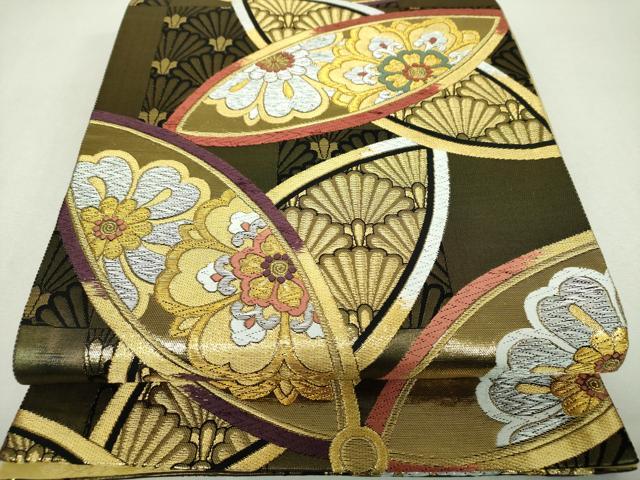 平和屋着物▼両面　六通柄袋帯　唐織　市松正倉院花文　金銀糸　正絹　逸品　DABH9856ps