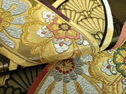 平和屋着物▼両面　六通柄袋帯　唐織　市松正倉院花文　金銀糸　正絹　逸品　DABH9856ps
