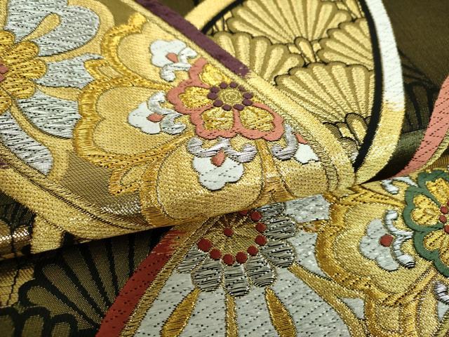 平和屋着物▼両面　六通柄袋帯　唐織　市松正倉院花文　金銀糸　正絹　逸品　DABH9856ps