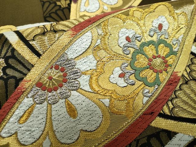 平和屋着物▼両面　六通柄袋帯　唐織　市松正倉院花文　金銀糸　正絹　逸品　DABH9856ps