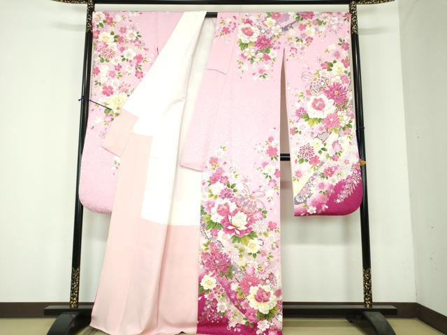 平和屋着物●豪華振袖　刺繍　枝垂れ桜　花手毬熨斗文　暈し染め　金彩　銀通し地　正絹　逸品　DABH9869ps