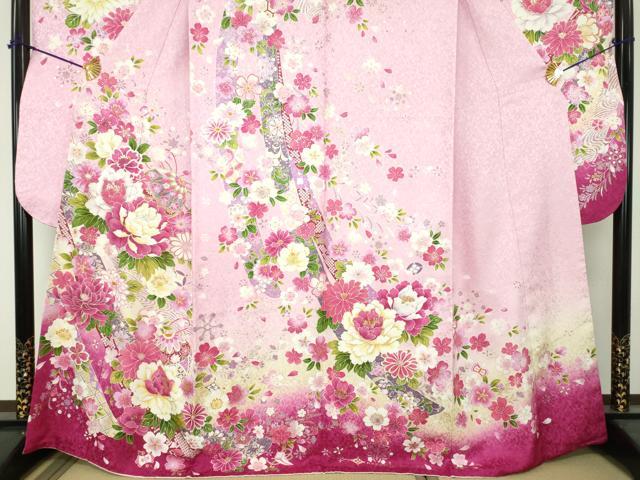 平和屋着物●豪華振袖　刺繍　枝垂れ桜　花手毬熨斗文　暈し染め　金彩　銀通し地　正絹　逸品　DABH9869ps