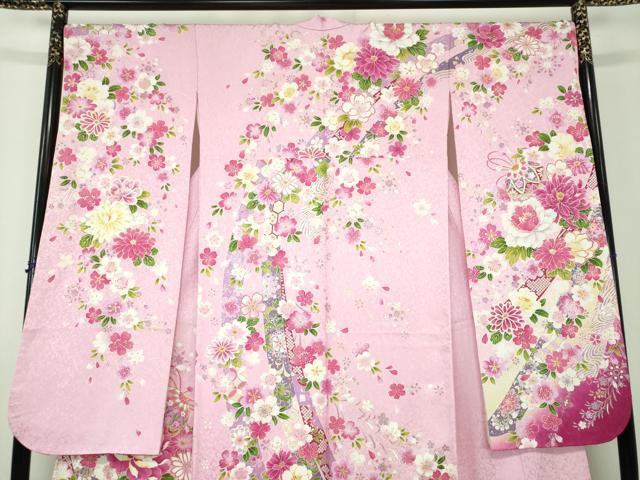 平和屋着物●豪華振袖　刺繍　枝垂れ桜　花手毬熨斗文　暈し染め　金彩　銀通し地　正絹　逸品　DABH9869ps