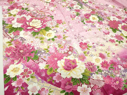 平和屋着物●豪華振袖　刺繍　枝垂れ桜　花手毬熨斗文　暈し染め　金彩　銀通し地　正絹　逸品　DABH9869ps