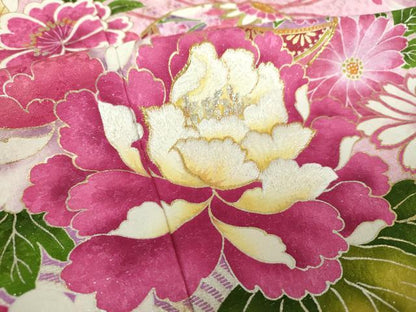 平和屋着物●豪華振袖　刺繍　枝垂れ桜　花手毬熨斗文　暈し染め　金彩　銀通し地　正絹　逸品　DABH9869ps