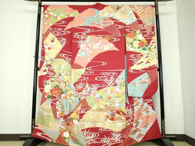 平和屋着物●創業460年・千總　振袖　駒刺繍　御所車鴛鴦花文　金彩　正絹　逸品　DABH9877ps