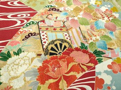 平和屋着物●創業460年・千總　振袖　駒刺繍　御所車鴛鴦花文　金彩　正絹　逸品　DABH9877ps