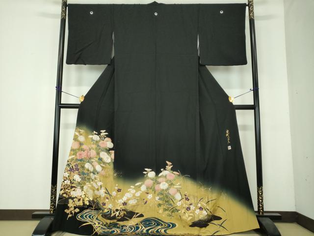 平和屋着物●皇室デザイナー　中村乃武夫　黒留袖　刺繍　流水秋草文　暈し染め　金彩　正絹　逸品　DABH9880ps