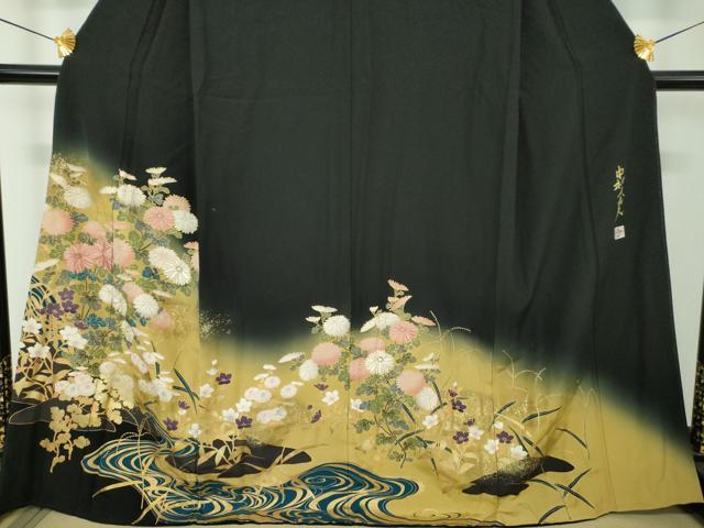平和屋着物●皇室デザイナー　中村乃武夫　黒留袖　刺繍　流水秋草文　暈し染め　金彩　正絹　逸品　DABH9880ps