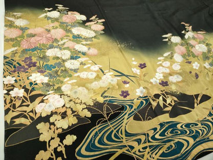 平和屋着物●皇室デザイナー　中村乃武夫　黒留袖　刺繍　流水秋草文　暈し染め　金彩　正絹　逸品　DABH9880ps