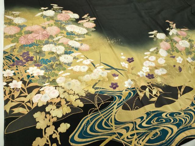 平和屋着物●皇室デザイナー　中村乃武夫　黒留袖　刺繍　流水秋草文　暈し染め　金彩　正絹　逸品　DABH9880ps