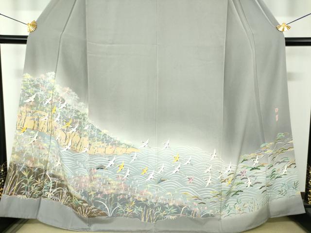 平和屋着物●京加賀友禅　百貫達雄　色留袖　群れ鶴　浜松文　暈し染め　正絹　逸品　DABH9883ps