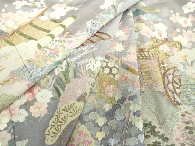 平和屋着物●中国三大刺繍　相良刺繍　総刺繍　色留袖　御所車御簾花文　金糸　正絹　逸品　DABH9897ps