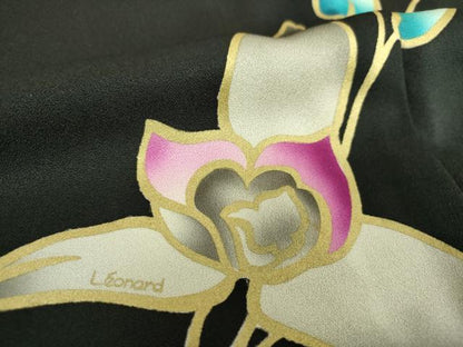 平和屋着物●訪問着　LEONARD　レオナール　草花文　黒地　正絹　逸品　DABH9902ps