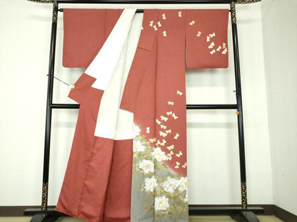 平和屋着物●訪問着　作家物　舞蝶牡丹文　暈し染め　金銀彩　銀通し地　正絹　逸品　DABH9909ps