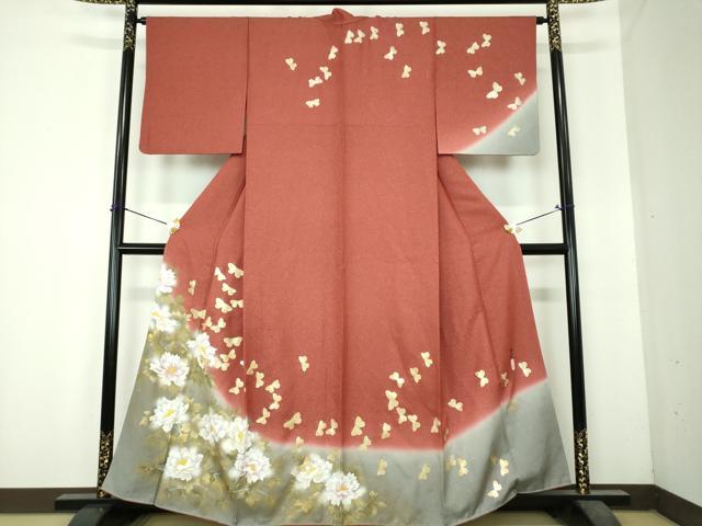 平和屋着物●訪問着　作家物　舞蝶牡丹文　暈し染め　金銀彩　銀通し地　正絹　逸品　DABH9909ps