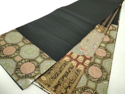 平和屋着物▼両面　六通柄袋帯　名物裂花文　花兎　金銀糸　正絹　逸品　DABH9943ps