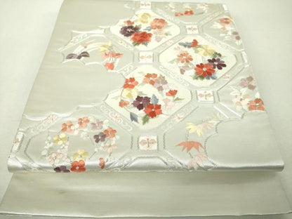 平和屋着物▼太鼓柄袋帯　駒刺繍　総刺繍　蜀江花菱文　銀糸　三越扱い　正絹　逸品　DABH9952ps